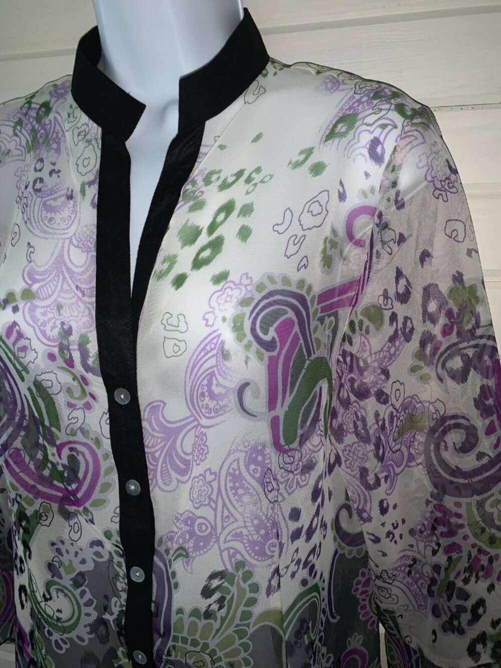 Investments Sz SMALL Purple White Paisley Leopard L/S Button Up Shirt Sheer EUC